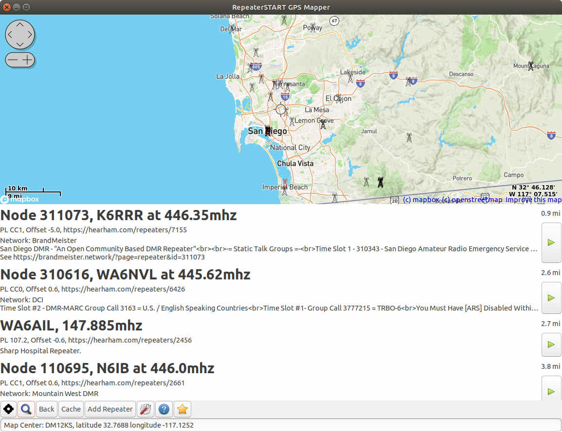 RepeaterSTART application window showing a topo map with repeaters.